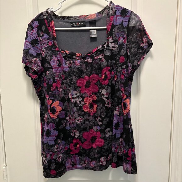Axcess by Liz Claiborne Floral Abstract Print Short Sleeve Top Size Large EUC - Picture 2 of 11